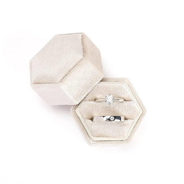 Velvet Jewelry Ring Box, Etercycle Hexagon Premium Gorgeous Vintage Double Ring Gift Box with Detachable Lid for Proposal Engagement Wedding Ceremony(Beige)