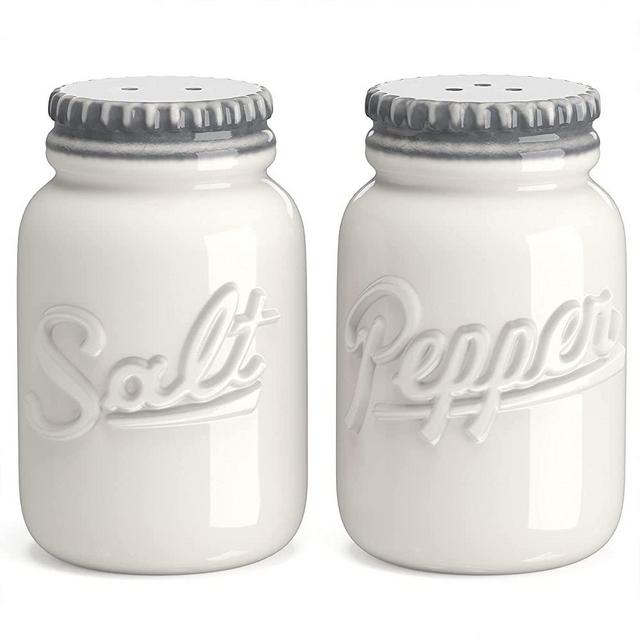 Barnyard Designs Farmhouse Mason Jar Salt and Pepper Shaker Set for Kitchen, White Ceramic Shaker Set Cute Rustic Farmhouse Salt Shaker, Unique Vintage Kitchen Ceramic Salt and Pepper Set, White/Grey