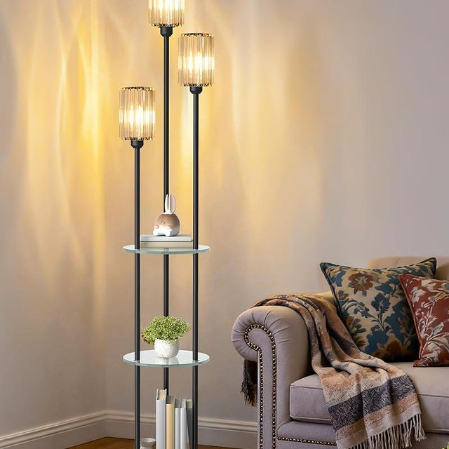 GOEBLESON Black Floor Lamp with Shelves, Modern Floor Lamp with 3 Crystal Shades and Foot Switch, 3-Light Standing Lamp, for Living Room, Bedroom, Study, Office, Black B53LD05