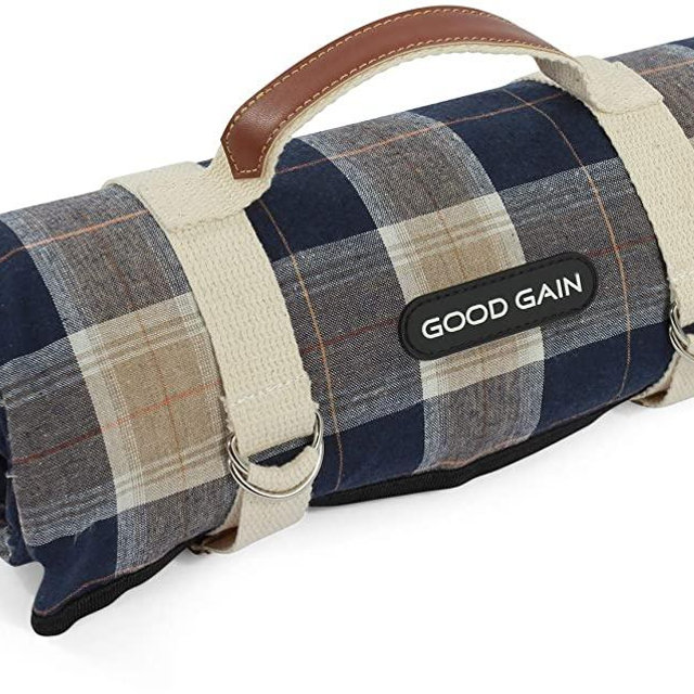 Waterproof Picnic Blanket Portable with Carry Strap for Beach Mat or Family Outdoor Camping Party (Blue Check)