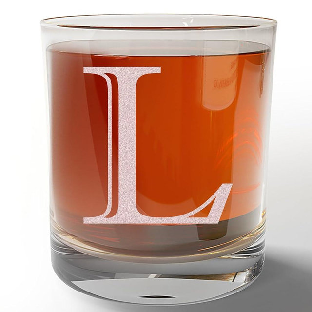 Etched Monogram 11oz Whiskey Rocks Glass (Letter L), A-Z Customized Bourbon Gifts for Men, Father’s Day, Personalized Old Fashioned Scotch Glass, Custom Engraved Gifts for Him, Initial, Name