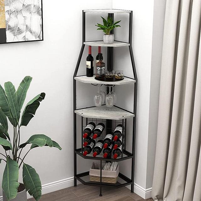 Espelism 5-Tier Corner Wine Rack Freestanding Floor with Glass Holder and Bottles Wine Storage Home Bar Furniture for Home Kitchen Dining Room Industrial Metal and Wooden Corner Shelf (Grey)