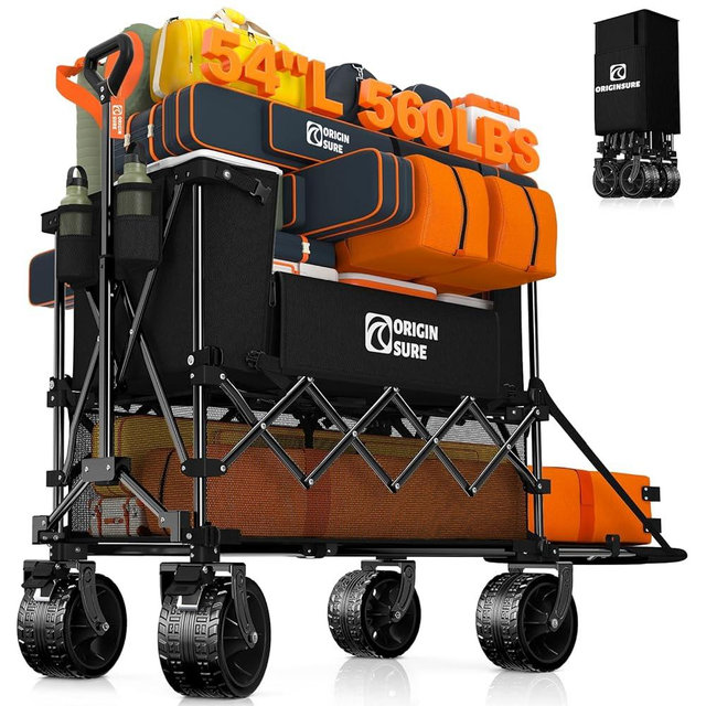 400L Double Decker Wagon Collapsible with 54" L Tailgate, 560lbs Heavy Duty Wagons Carts Foldable, Extra Large Folding Beach Wagon with Big All-Terrain Wheels for Camping, Sports, Groceries, Black