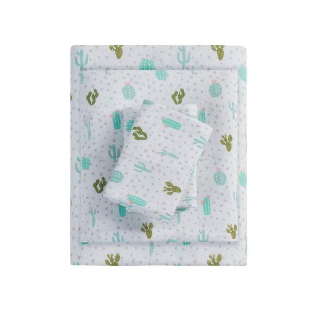 Queen Printed Cotton Flannel Sheet Set Green Cactus