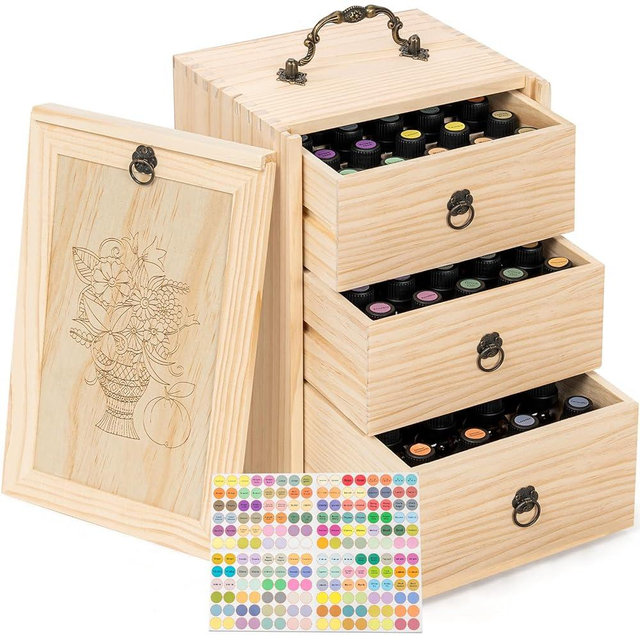 TORIBIO Essential Oils Box for 60 Bottles, Wooden Essential Oils Storage Organizer Holds 5 10 15 20 30 ml for Young Living & Doterra Bottles