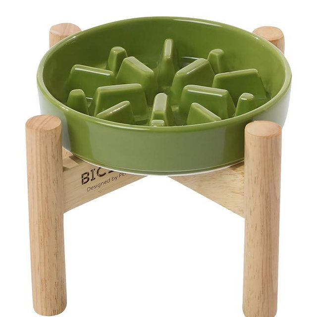 BICOPET Ceramic Maze Dog Slow Feeder with Non-Slip Silicone Rim (& Bamboo Stand) – Heavy-Duty Stoneware Bowl with Puzzle Pattern for Bloating & Obesity Prevention (Raised-Green-M)