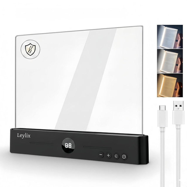 Leylix LED Flat Book Light for Reading in Bed, Eye-Caring Books Lights, 3 Color Temperatures & Stepless Dimmable, Portable Flat Panel Lamp Page, USB Rechargeable Night Light for Kids & Adults (Black)