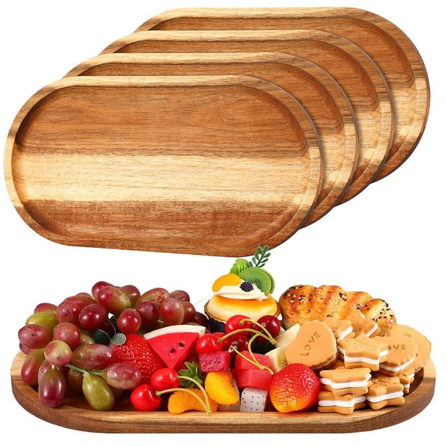 Yaomiao 4 Pcs Acacia Wooden Serving Tray Oval Shaped Rustic Wood Plates Large Decorative Natural Tray Serving Platter for Food Charcuterie Cheese Dish Bread Fruit Kitchen(16 x 10 Inch)