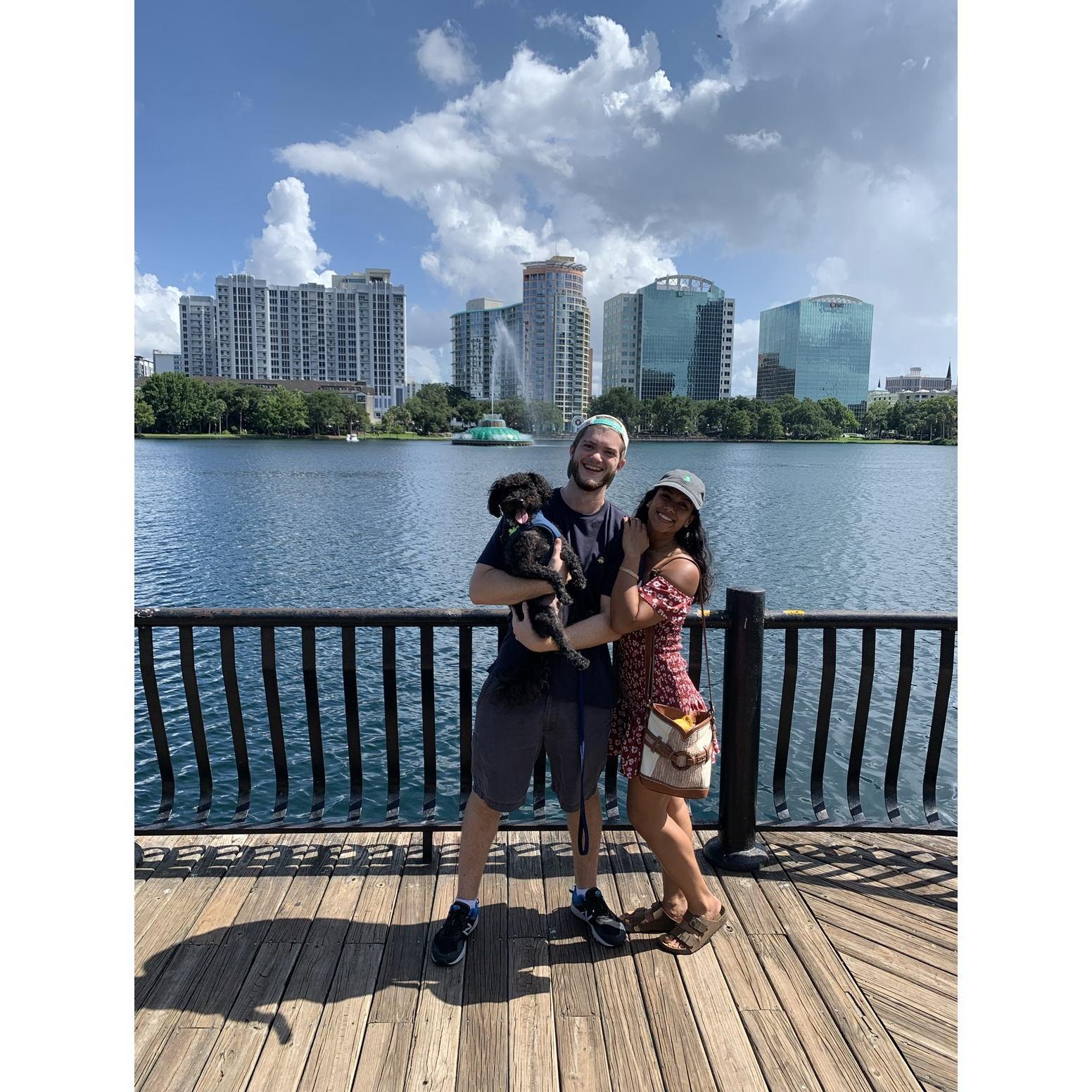 Walking through Downtown Orlando with our little Zorro.