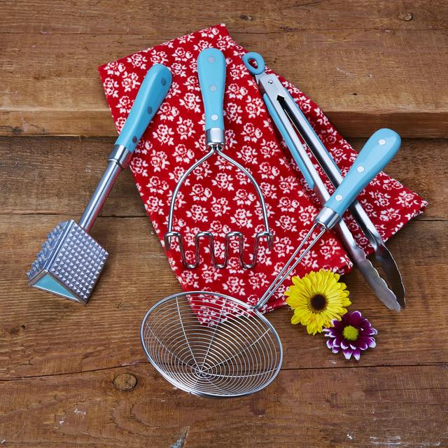 The Pioneer Woman 8-Piece Kitchen Set with Masher, Tongs, Skimmer, Spatula,  and Brush, Red