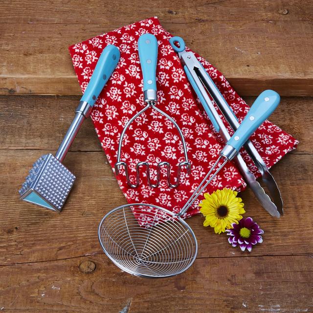 The Pioneer Woman 8-Piece Kitchen Set with Masher, Tongs, Skimmer, Spatula,  and Brush, Red 