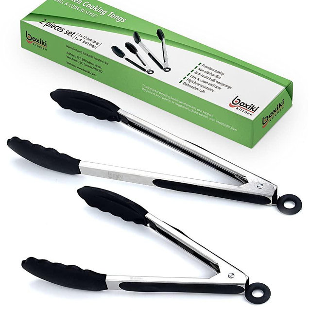 Boxiki Kitchen 2 PC Kitchen Utensils Grill Tongs Set | Silicone Kitchen Tongs for Grilling, Cooking & Serving | Heat Resistant Kitchen Tongs| BPA Free Stainless Steel Kitchen Utensils