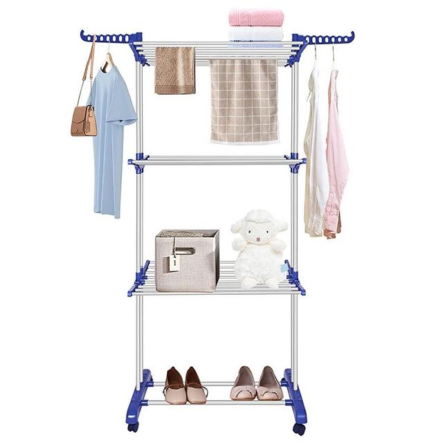 Bigzzia Clothes Drying Rack Folding Clothes Rail 3 Tier Clothes Horses Rack Stainless Steel Laundry Garment Dryer Stand with Two Side Wings