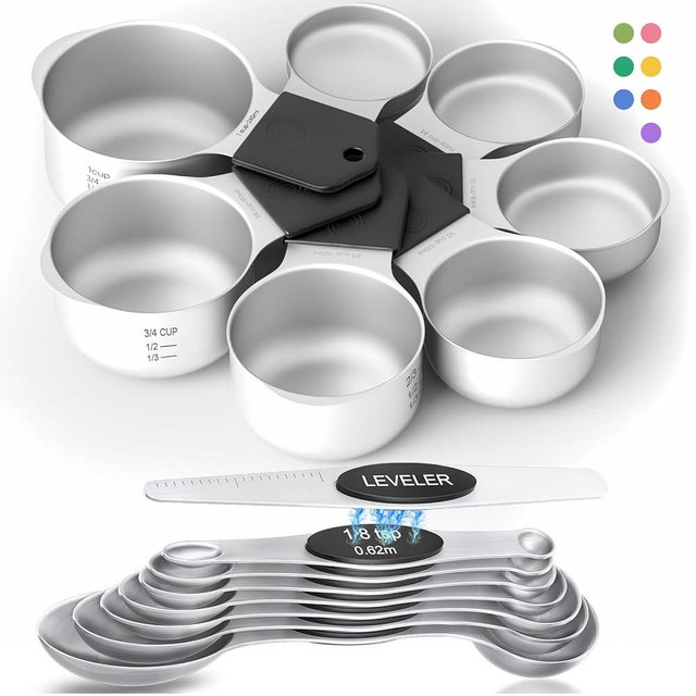 HOWGOODY Magnetic Measuring Cups & Spoons Set|304 Stainless Steel Dual Scale Set of 15, Strong N52 Magnetic Nesting Design with Leveler, for Dry&Liquid Ingredients, Dishwasher Safe(Black)