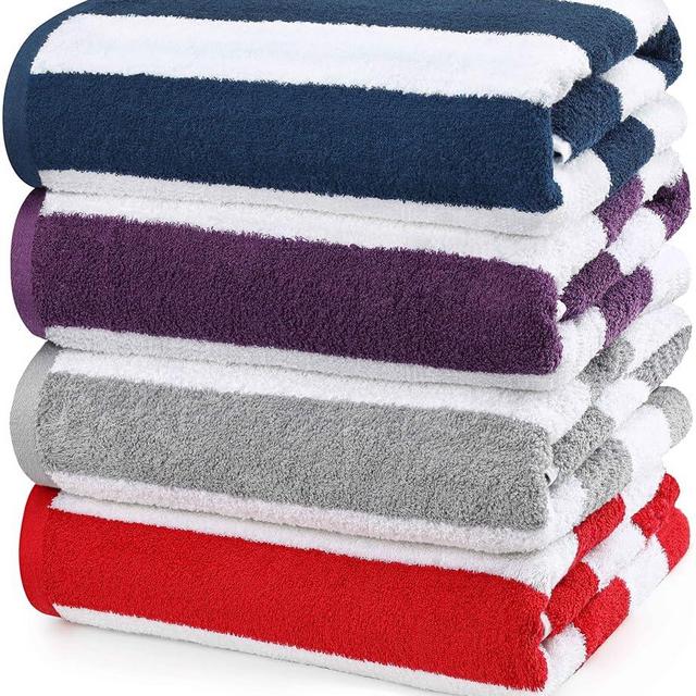 Utopia Towels Cabana Stripe Beach Towel, Oversized 100% Ringspun Cotton Pool Towels, Highly Absorbent Bath Towels for Bathroom (Red, Navy, Grey & Plum, 30X60 Inch - 4 Pack)