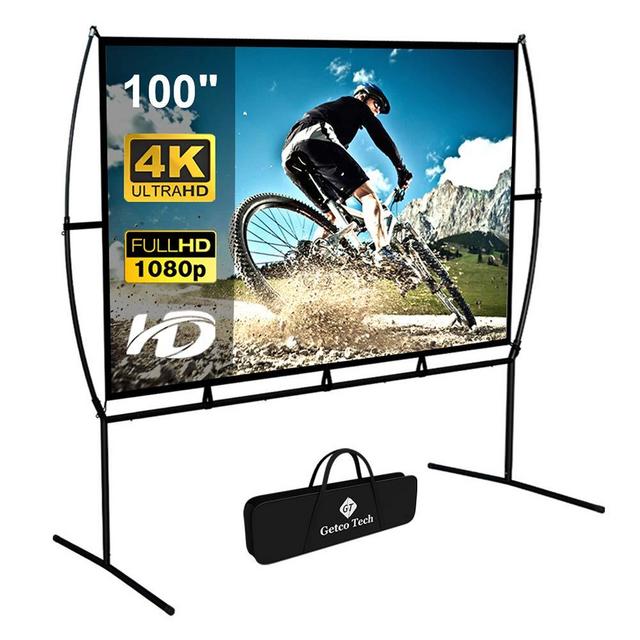 Projector Screen with Stand Foldable Portable Movie Screen 100 Inch（16：9）, HD 4K Double Sided Projection Screen Indoor Outdoor Projector Movies Screen for Home Theater (100 Inch) …