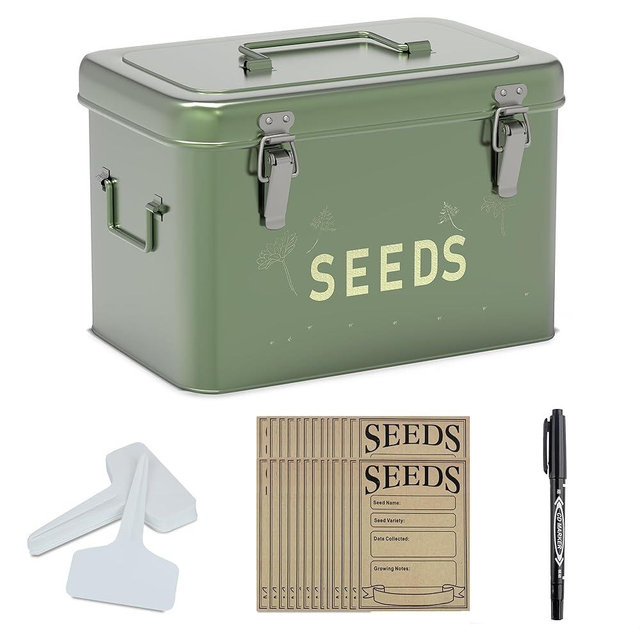 Orionstar Seed Storage Organizer, Metal Seed Saving Box with Lid, Seed Bin with 30 Plant Labels 30 Seed Envelopes 1 Marker Pens, 3 Compartments Box with Safety Locks, Tall Green