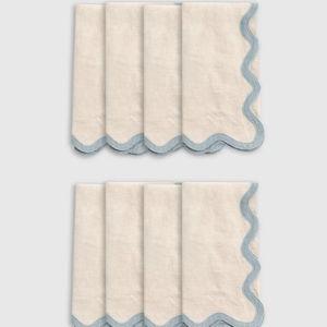 European Linen Scallop Edge Napkins (Set of 8) in Flax/dusty Blue