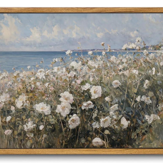 KISSFOX Framed Wall Art Vintage Wall Decor Coastal Pictures Flower Canvas Art Roses Floral Paintings Summer Aesthetic Artwork For Bedroom Living Room Kitchen
