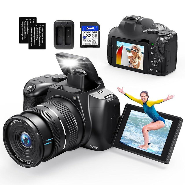 4K Digital Camera for Photography, 12X Optical Zoom 72MP Autofocus Vlogging Camera for YouTube, Photography Camera with 270°Flip Screen, Wi-Fi & App-Controlled Cameras, 2 Batteries, 32GB Card, Black