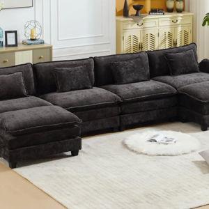 Adonia 154" Oversized U Shaped Sectional Sofa, Comfy Cloud Couch Deep Sectional Sofa with Ottomans for Living Room - Black Chenille