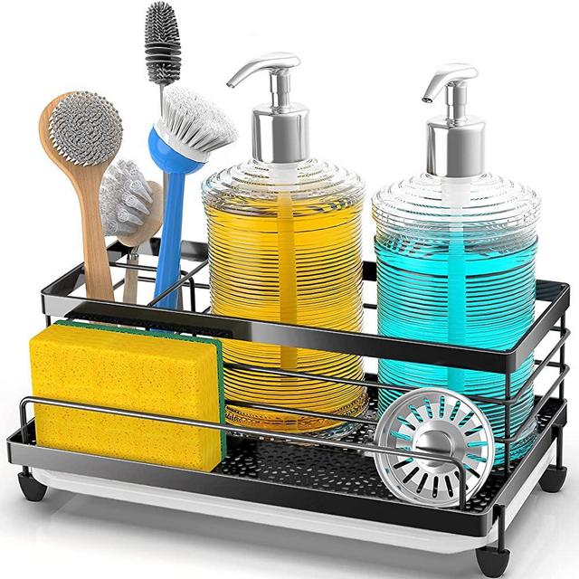 Cisily Sponge Holder for Kitchen, Sink Caddy Organizer, Kitchen Sink Accessories with Drip Tray, Rustproof and Non-slip Kitchen Sink Sponge Holder, Kitchen Essentials for New Home（Matte Black）