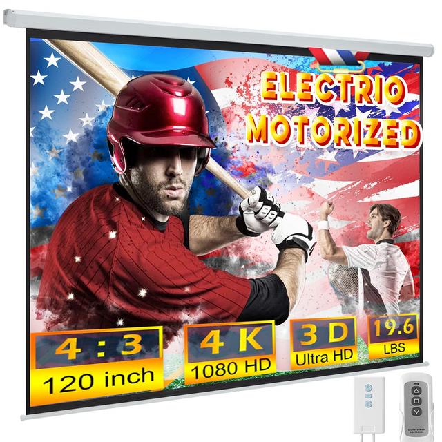 120inch Motorized Projection Screen, 4:3 4K 3D HD Electric Projector Screen, Wall/Ceiling Mounted White Projection Screen with Two Remote Controls for Indoor Outdoor Use