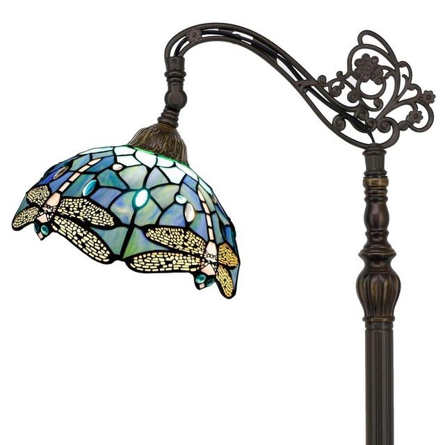 AVIVADIRECT Tiffany Floor Lamp Stained Glass Sea Blue Dragonfly Arched Reading Light Gooseneck Adjustable Corner Standing Lamp 10X16X64 Inch for Bedroom Living Room Home Office