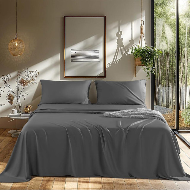 LBRO2M Cooling Bed Sheet 100% Viscose Derived from Bamboo Sheet Set 4 Piece Queen Size,Fit Up to 16" Deep Mattress, 1800 TC Sheet Super Soft Silky Smooth,Breathable Cool Bedding (Queen Dark Gray)