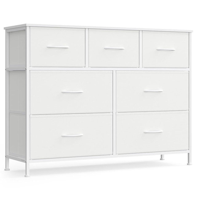 SONGMICS Dresser for Bedroom, Chest of Drawers, TV Stand, Steel, MDF, 7 Non-Woven Fabric Drawers, Storage Organizer Unit, Closet, Entryway, Cloud White and Snow White ULGS323W01S