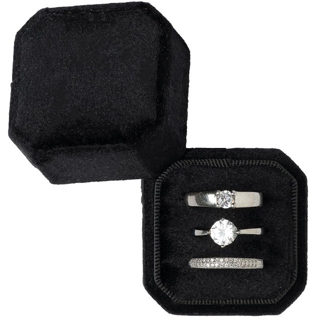 Giftop Cut-Edge Octagon Velvet Ring Box Storage 3 Slots for Wedding Ceremony Proposal Engagement Birthday (Black)