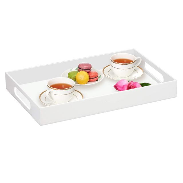 Amazing Abby - Tracia - Acrylic Glossy White Serving Tray (16" x 10"), Non-Skid and Spill-Proof, Space-Saving with Built-in Handles, Perfect for Coffee Table, Kitchen Counter, and Breakfast in Bed