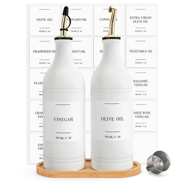 Ceramic Olive Oil Dispenser Bottle for Kitchen with Labels, 17 OZ Oil and Vinegar Dispenser Set, Non-Drip Design, Large-Capacity White Oil Dispenser for Kitchen, Vinegar, and Coffee Syrups (Set of 2)