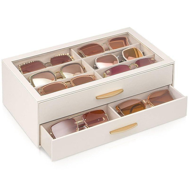 Lolalet 12 Slots Women’s Sunglasses Organizer with Enlarged Compartment, 2-Layer Eyewear Storage Box, Glasses Case Display Holder with Clear Top Lid for Eyeglass Collection, Mothers Day Gifts -Cream