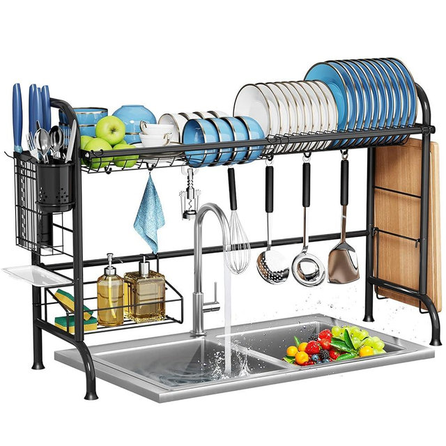 MOUKABAL Over The Sink Dish Drying Rack, Large Stainless Steel Dish Rack Over Sink, with Utensil Holder Dish Racks for Kitchen Counter(fit≤33" Sink)