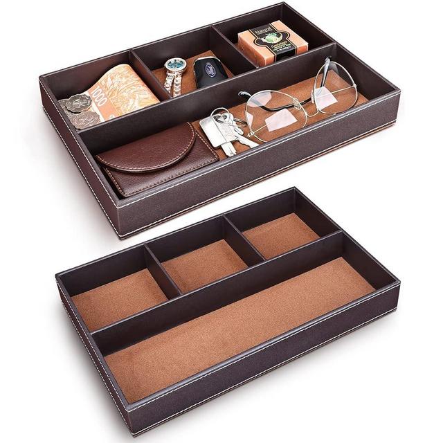 GORESE 2 Pieces Faux Leather Valet Tray for Men, Stackable Jewelry Trays for Drawers, Mens Dresser Top Organizer for Key, Wallet, Sunglass, Watch, Coin, Phone, Nightstand Bedside Tray Brown
