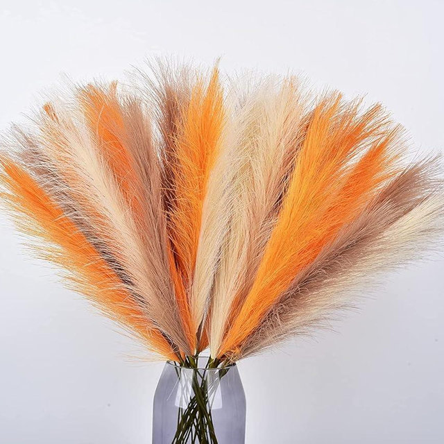 LSKYTOP Orange Pampas Grass Decor,23Inch 12pcs Faux Pampas Grass Bouquets Artificial Pampas Fake Pampas Flower for Home Living Room Bedroom Vase Decor