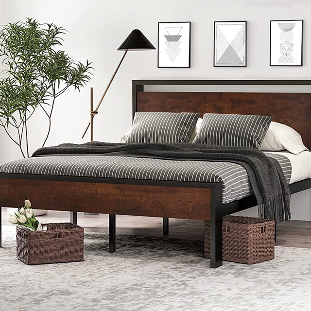 SHA CERLIN 14 Inch Queen Size Metal Platform Bed Frame with Wooden Headboard and Footboard, Mattress Foundation/No Box Spring Needed, Large Under Bed Storage, Non-Slip Without Noise, Modern Mahogany