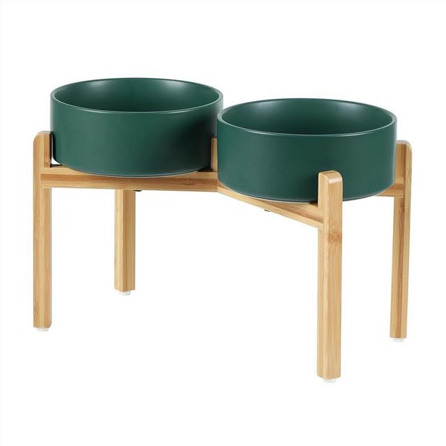 Havniva Ceramic Raised Double Bowls Set with Stand, Food & Water Bowls for Large Breed Dogs, Weighted Dog Dishes, Pet Bowl(8.2'',60OZ, Green)