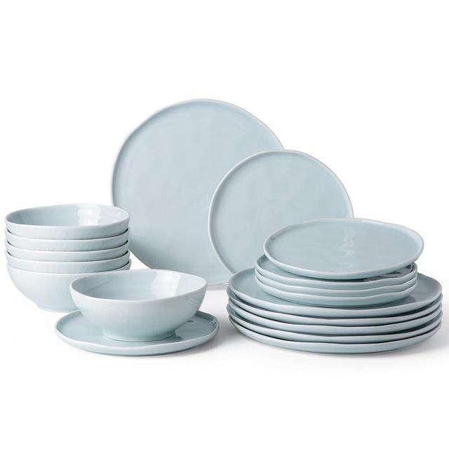 LERATIO Ceramic Dinnerware Sets of 6,Porcelain Plates and Bowls Sets with Wavy Edge,Microwave & Dishwasher & Oven Safe,Light Weight & Scratch Resistant Dishes Sets-Light Blue(18pcs)