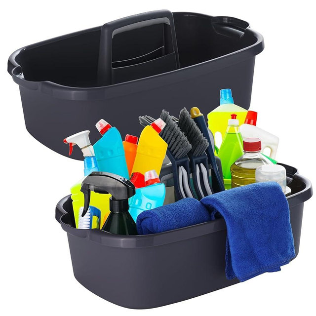 Omirome 2-Pack Large Gray Cleaning Caddy for Cleaning Supplies with Handle - Portable Plastic Tote Organizer for Shower, Bathroom, Kitchen, Under Sink Storage