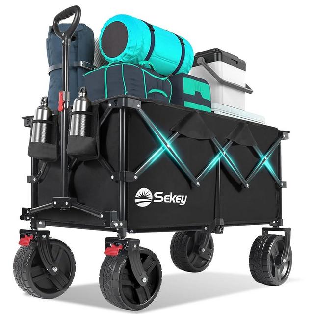 Collapsible Wagon Cart with Big All-Terrain Beach Wheels, Foldable Heavy Duty Wagons with Cup Holders, Utility Carts for Camping, Garden, Outdoor, Grocery, Sports. Black
