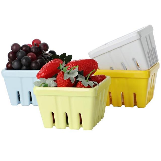 CDOKY Ceramic Berry Basket Set of 4, Colander, Farmhouse Square Bowl. Rustic Kitchen Decor Fruit Bowls, Fruit Baskets,Blue Yellow and Floral Flowers Pattern Stoneware Harvest Bowls Kitchen Bowl