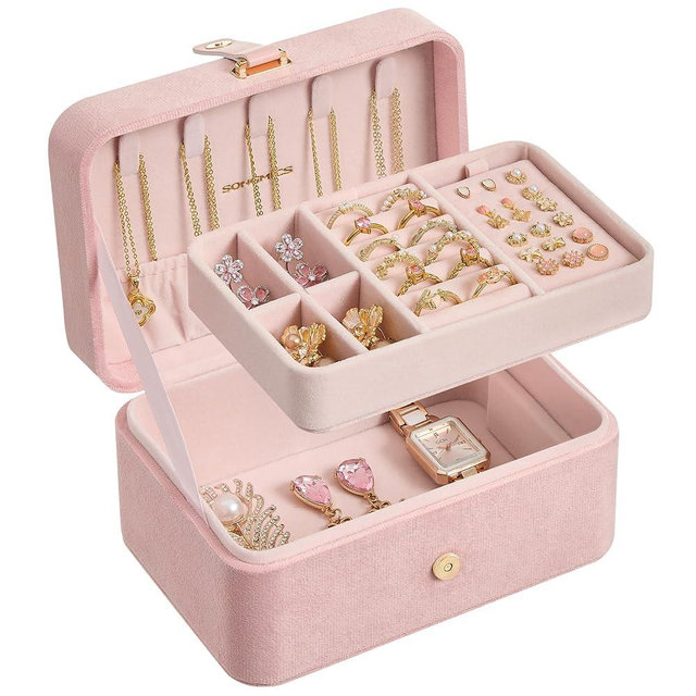 SONGMICS Jewelry Organizer Box, Travel Jewelry Case, 2-Layer Travel Case for Earrings, Necklaces, Bracelets - Portable Jewelry Storage with Large Capacity, Gift Idea, Jelly Pink UJBC166R02