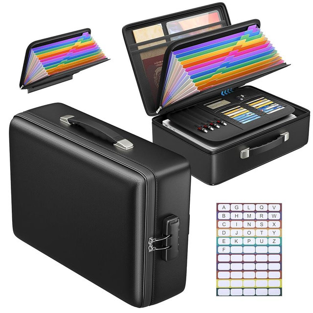 Grothery 5200°F Fireproof Document Box with Lock, Hard Case Fire Proof Safe for Home Document Safe Detachable Accordion File Organizer Fireproof Important Document Organizer Laptop, Passport (Black)