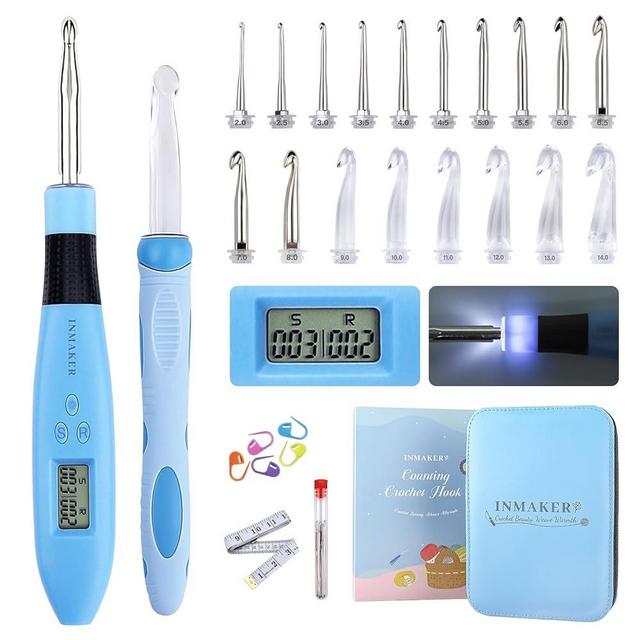 INMAKER Light up Crochet Hooks Ergonomic Soft Grip, Large Counting Crochet Hook Set Digital, Lighted Crochet Needles Kit with Case