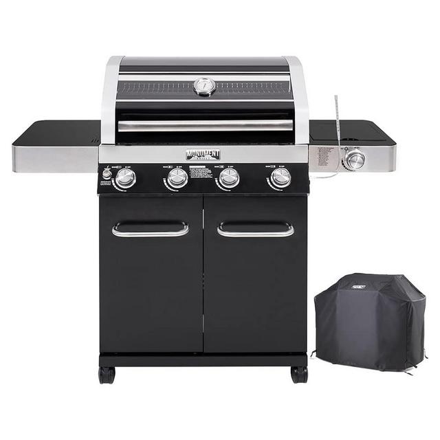Monument Grills Larger 4-Burner Propane Gas Grills Black Porcelain Enamel Coated Cabinet Style with LED Controls, Clear View Lid, Side Burner and USB Light with Grill Cover Bundle (2 Items)