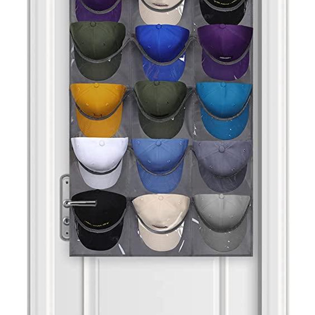 Dofilachy Hat Rack - Hat Organizer - Hat Racks for Baseball Caps, Visible Hat Holder - Baseball Hat Rack for Wall Door with 3 Hooks, 18 Deep Pockets(Grey, medium)