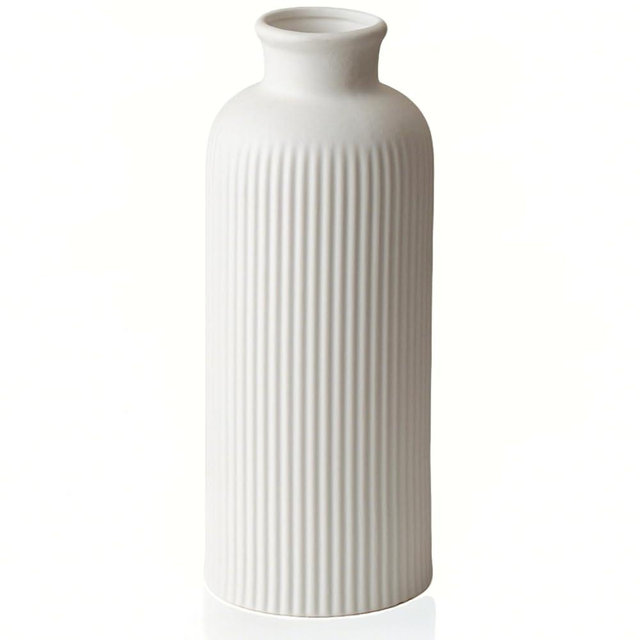 Natural White Ribbed Ceramic Vase for Flowers, Modern Textured Decorative Vase, 10 Inch Tall, 3.94 Inch Width, Farmhouse Style Home Decor (Bisque White)
