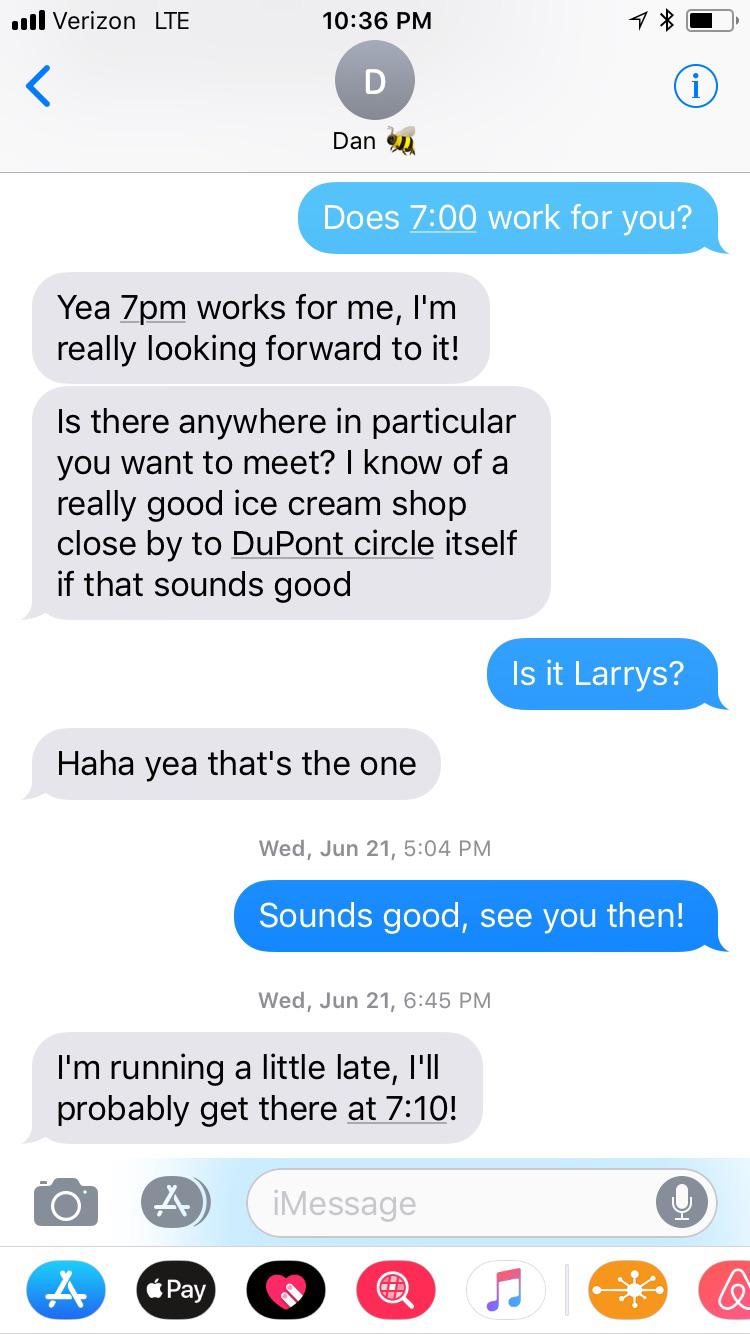 When we first agreed to meet Dan forgot that Tiana already said they shouldn’t go to Larry’s because she’s lactose intolerant…. and he was late